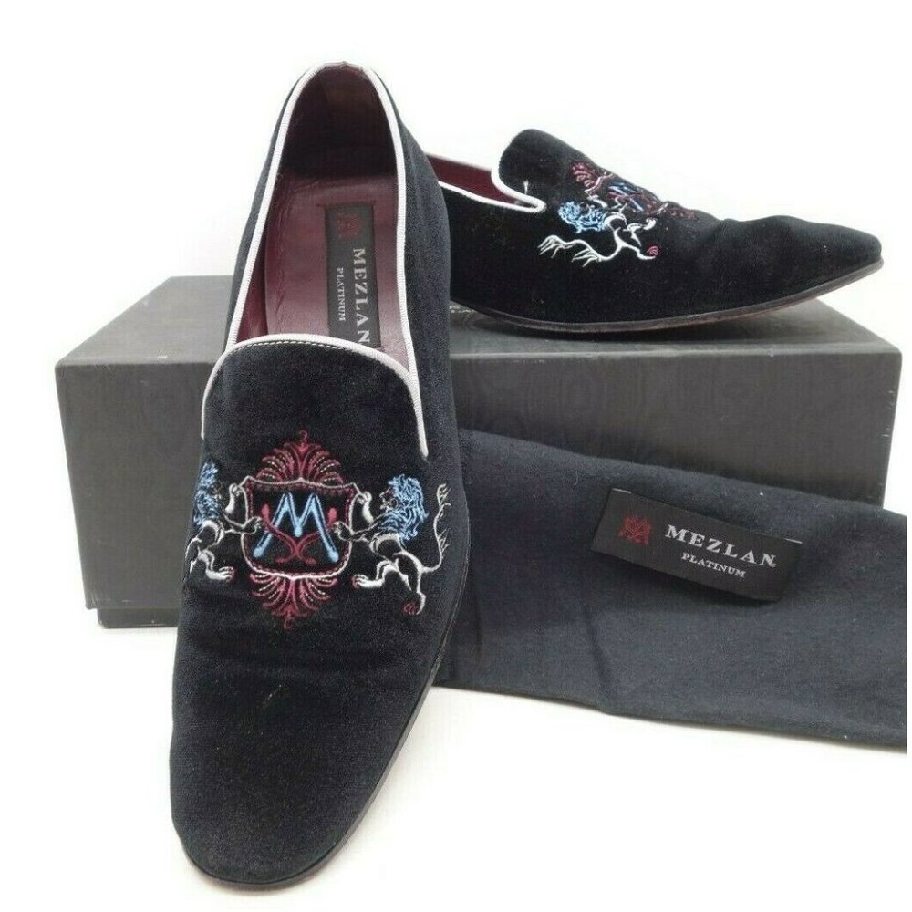 Mezlan Platinum Maurice Logo Black Velvet Smoking Opera Loafer Shoes Men's 9.5 M